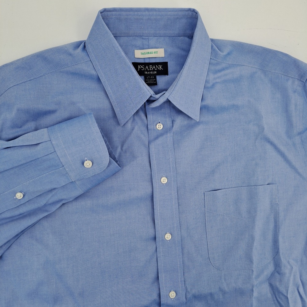 Jos A Bank Traveler Dress Shirt Mens 17-33 Cotton Blue Solid Tailored Fit Pocket